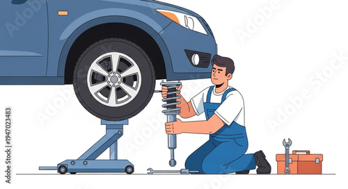 Mechanic changing car shock absorber.