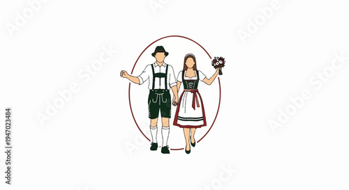 Couple in traditional attire, one holding flowers, inside a circular border