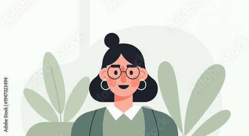 A smiling, bespectacled character with dark hair, a white collar, and a green top