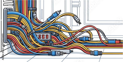 Chaotic bundle of colorful wires and connectors spilling from a system