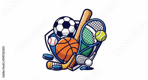 A vibrant collection of sports equipment, including balls, bats, racquets, and clubs