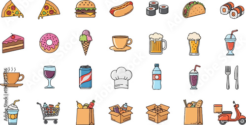 A vibrant collection of food and drink icons, including fast food, desserts, beverages, and delivery items