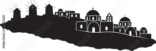 Mykonos skyline with traditional windmills and whitewashed houses greek island