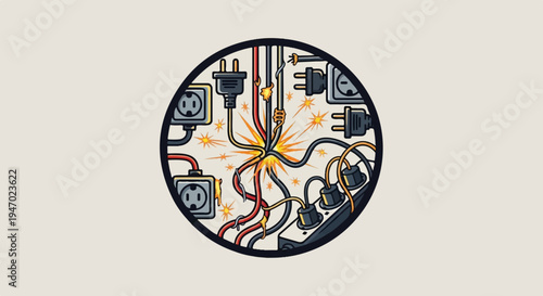 Chaotic tangle of electrical cords and plugs, sparking with energy