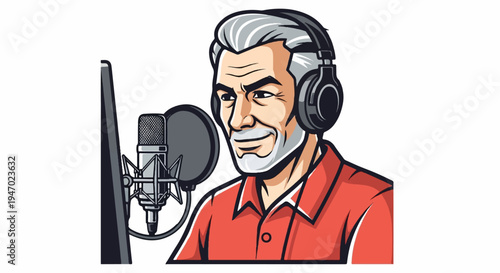 A smiling, grey-haired man with headphones on, recording with a microphone
