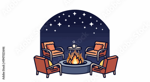 Cozy outdoor seating area with a fire pit under a starry night sky
