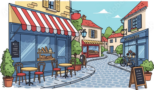 Charming cobblestone street with quaint shops, outdoor seating, and a bicycle