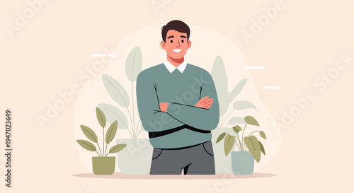 A smiling man in a sweater, arms crossed, stands among potted plants in a minimalist setting