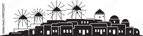 Mykonos skyline with traditional windmills and whitewashed houses greek island