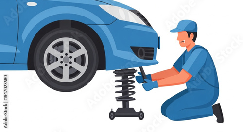 Mechanic changing car shock absorber.
