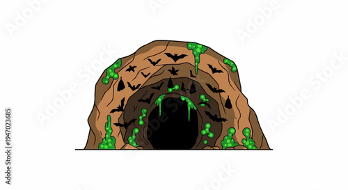 Creepy cave entrance with bats and glowing green goo