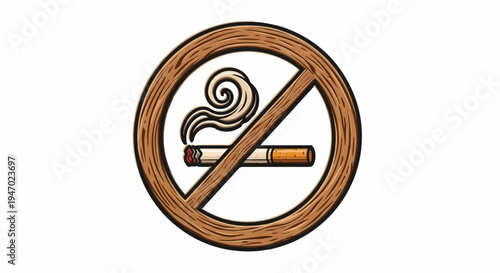 A stylized "no smoking" sign featuring a lit cigarette with swirling smoke inside a wooden border