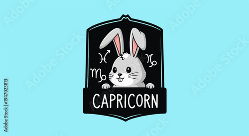 Cute cartoon rabbit peeking over a sign with the word Capricorn and zodiac symbols