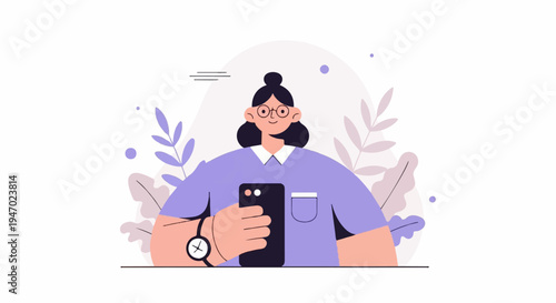 A stylized person in a lavender shirt holds a black phone with a watch on their wrist