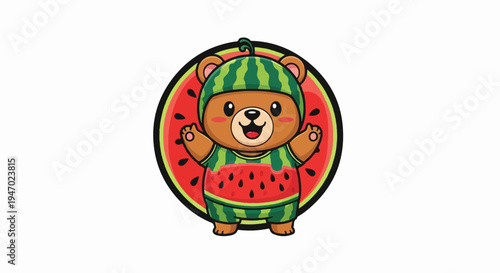 Adorable bear cub dressed as a watermelon, with matching watermelon pattern outfit and headpiece
