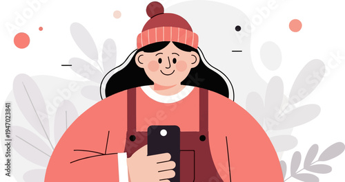 Cheerful character in warm clothing holds a smartphone, surrounded by abstract foliage