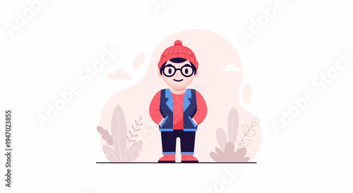 Cheerful child in warm clothes stands outdoors amidst stylized foliage and clouds