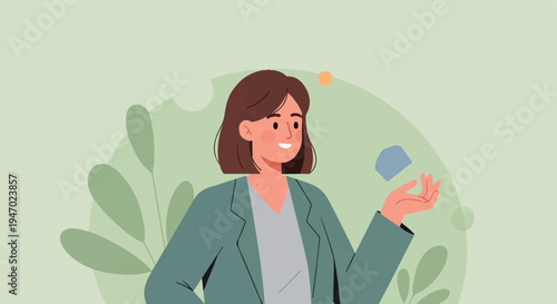 A smiling woman in a blazer holds a blue shape in her hand