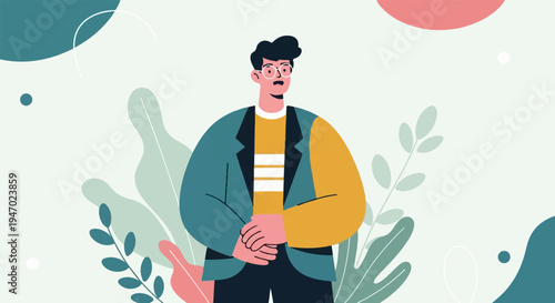 A stylized person with glasses stands in front of abstract plant shapes and organic forms