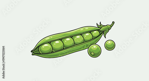 A vibrant green pea pod bursts open, revealing plump, round peas nestled inside and a few scattered nearby