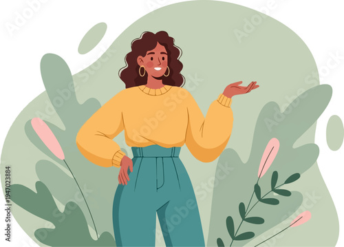 A smiling woman with curly brown hair, wearing a yellow sweater and teal pants, gestures outdoors amidst abstract foliage