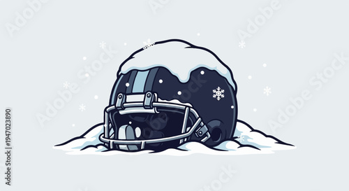 Dark helmet with stripes, covered in snow, with falling snowflakes