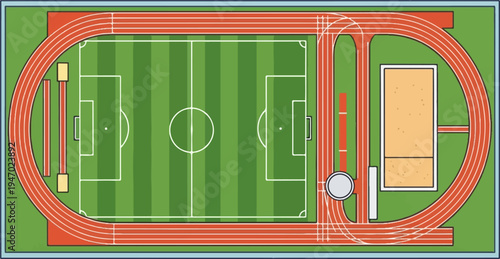 Aerial view of a sports complex featuring a soccer field, running track, and sand pit