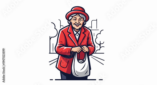 Cheerful elderly woman in a red hat and jacket, holding a white bag outdoors