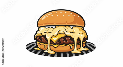 A vibrant illustration of a juicy cheeseburger with thick, melted cheese overflowing onto a striped plate
