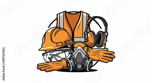 Essential safety gear helmet, vest, mask, goggles, gloves, headphones