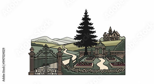 Estate grounds with ornate gate, grand house, gazebo, and manicured gardens