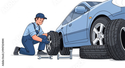 Mechanic changing car tire.