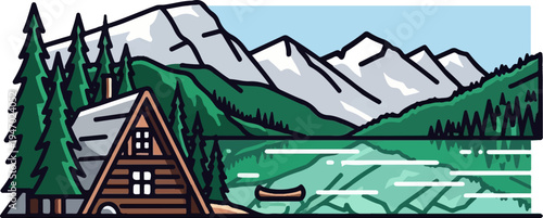 A-frame cabin by a tranquil lake with snow-capped mountains and pine trees
