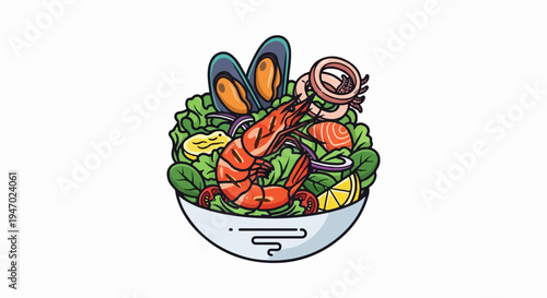 A vibrant illustration of a seafood salad overflowing with shrimp, mussels, salmon, and calamari