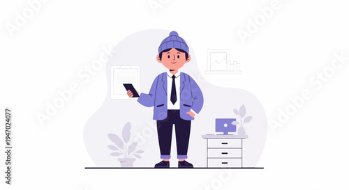 Cheerful person in a suit and hat holding a phone, with office elements