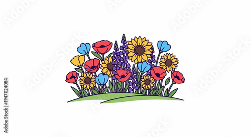 A vibrant illustration of a variety of colorful wildflowers blooming in a green field