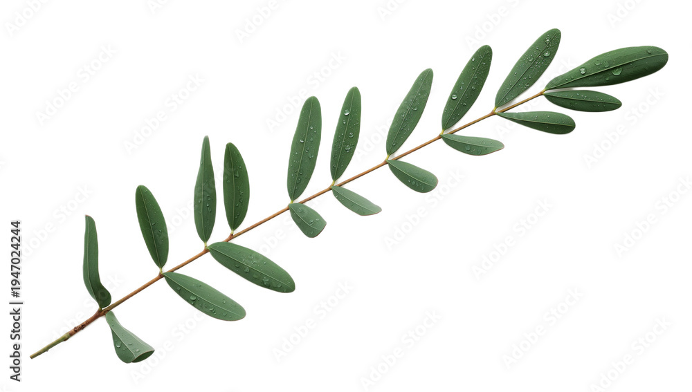 Fototapeta premium Fresh green plant branch featuring a delicate arrangement of numerous small, vibrant oval leaves, perfectly isolated on white for botanical designs and natural concepts