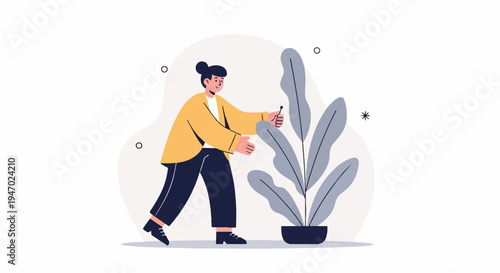 Cheerful person tending to a large potted plant with simple background shapes