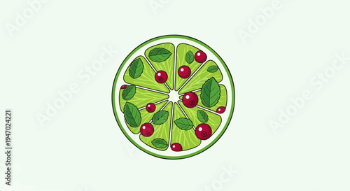A vibrant lime slice adorned with red berries and fresh mint leaves