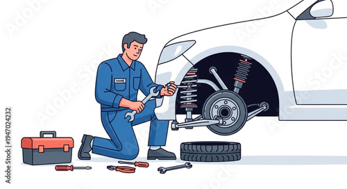 Mechanic changing car tire.
