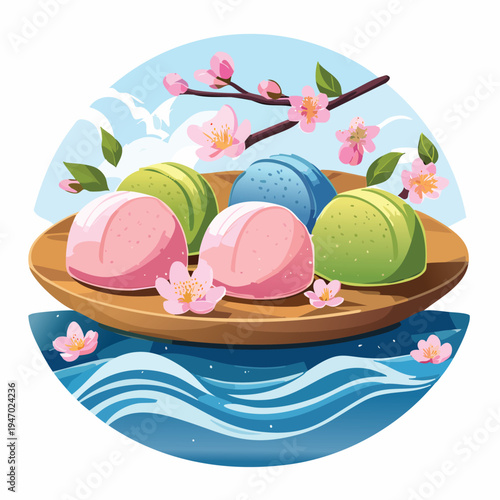 Colorful dessert mochi balls with cherry blossoms on a wooden plate illustration