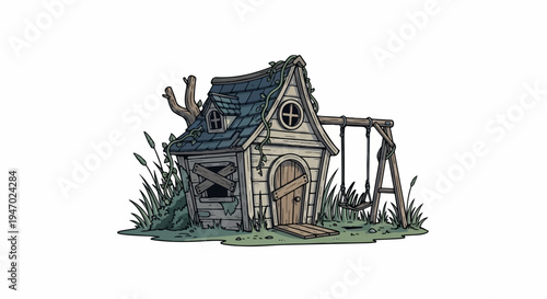An abandoned, vine-covered shack with boarded windows and a rustic swing set stands in overgrown grass
