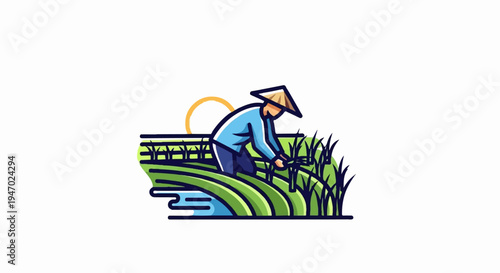 Farmer harvesting crops in a sunlit rice paddy with a conical hat