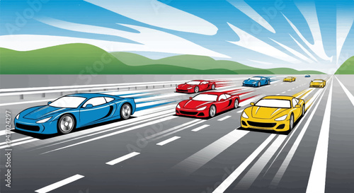 Fast sports cars race on a highway under a bright, radiating sky with distant green hills