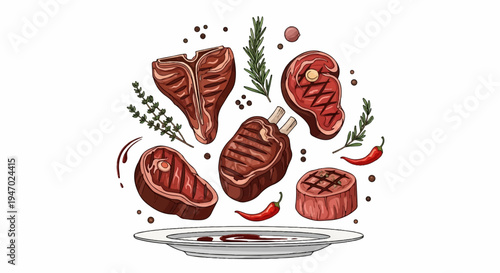 An artistic arrangement of assorted grilled meats, spices, and chili peppers on a plate