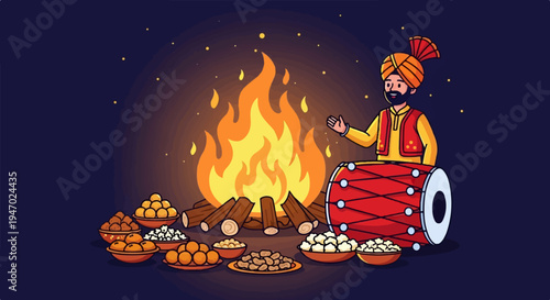 Festive bonfire with a man playing a drum, surrounded by sweet treats and popcorn under a starry sky