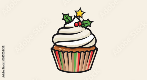 Festive cupcake with swirled frosting, holly, berries, and a star