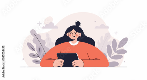 Cheerful woman with dark hair in bun and orange sweater holds tablet