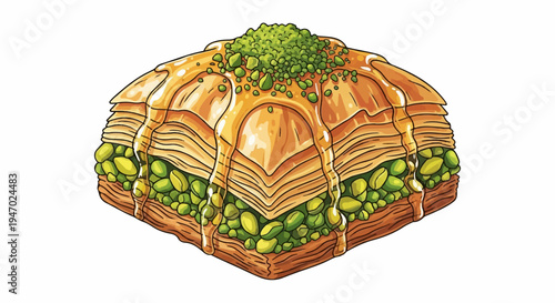 Delicious golden baklava dripping with honey and topped with chopped pistachios