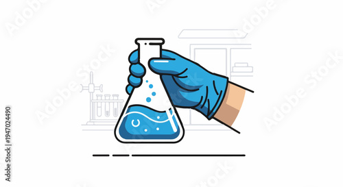 Hand in blue glove holds a flask with blue liquid in a laboratory setting